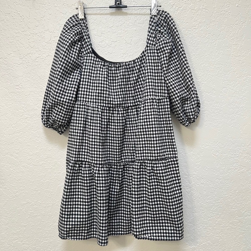 Harper Heritage Black White‎ Gingham Puff Sleeve Tiered Mini Dress Cotton XS